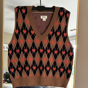 Brown and Black Argyle Sweater Vest with Red Hearts